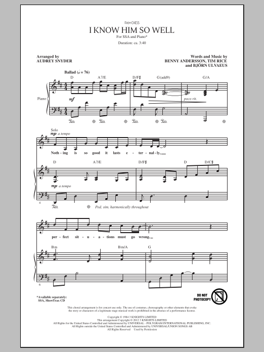 Benny Andersson, Tim Rice and Bjorn Ulvaeus I Know Him So Well (from Chess) (arr. Audrey Snyder) sheet music notes and chords. Download Printable PDF.