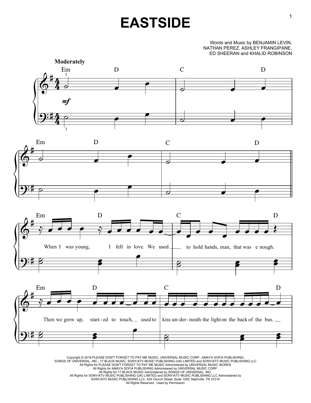 benny blanco, Halsey & Khalid Eastside sheet music notes and chords. Download Printable PDF.