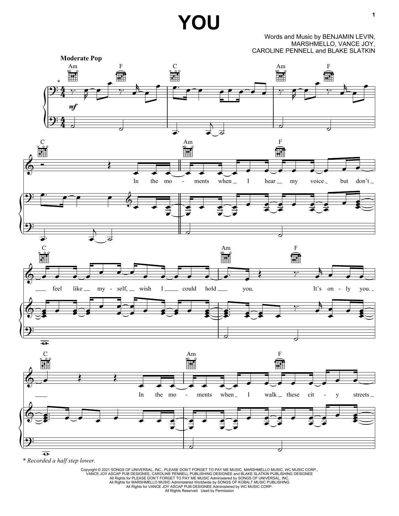 benny blanco You (with Marshmello & Vance Joy) sheet music notes and chords. Download Printable PDF.