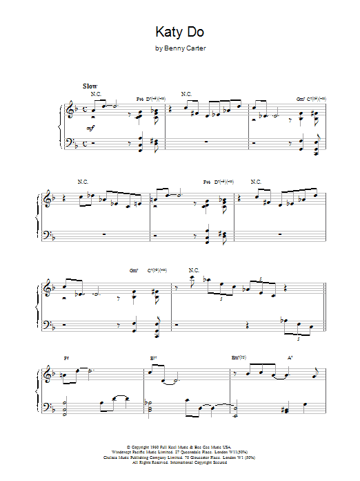 Learn to play Benny Carter Katy Do sheet music for Piano Solo in minutes. Price: 7.8900$ Benny Carter Katy Do sheet music notes and chords arranged for Piano Solo