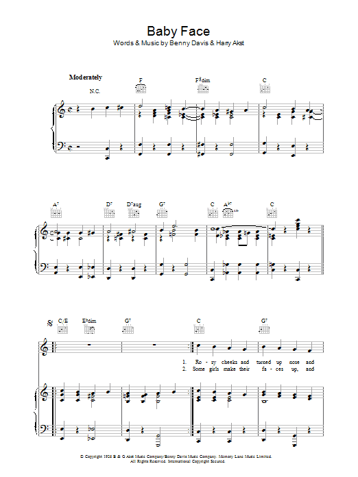 Learn to play Benny Davis Baby Face sheet music for Easy Piano in minutes. Price: 6.9900$ Benny Davis Baby Face sheet music notes and chords arranged for Easy Piano