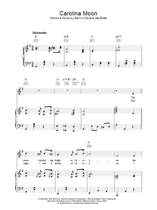 Learn to play Benny Davis Carolina Moon sheet music for Piano, Vocal & Guitar Chords in minutes. Price: 7.8900$ Benny Davis Carolina Moon sheet music notes and chords arranged for Piano, Vocal & Guitar Chords