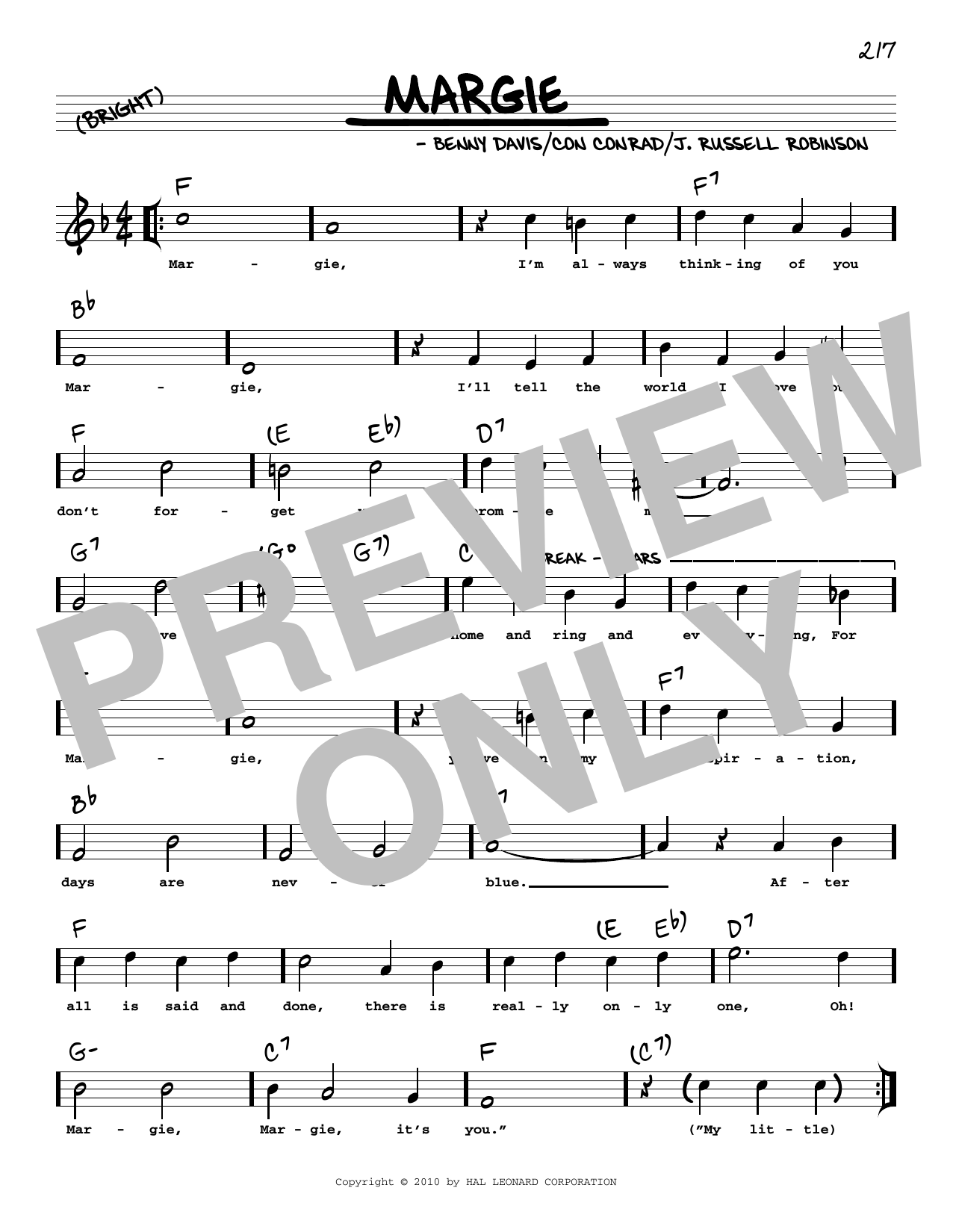 Benny Davis Margie (arr. Robert Rawlins) sheet music notes and chords arranged for Real Book – Melody, Lyrics & Chords