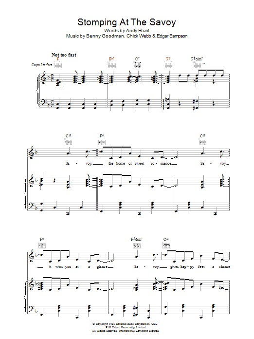 Learn to play Benny Goodman Stomping At The Savoy sheet music for Piano, Vocal & Guitar Chords in minutes. Price: 7.8900$ Benny Goodman Stomping At The Savoy sheet music notes and chords arranged for Piano, Vocal & Guitar Chords
