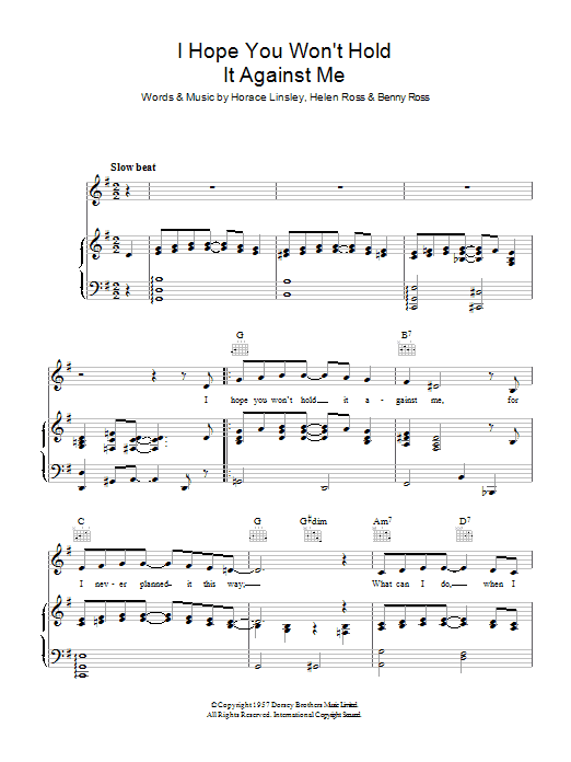 Learn to play Benny Ross I Hope You Won't Hold It Against Me sheet music for Piano, Vocal & Guitar Chords in minutes. Price: 7.8900$ Benny Ross I Hope You Won't Hold It Against Me sheet music notes and chords arranged for Piano, Vocal & Guitar Chords