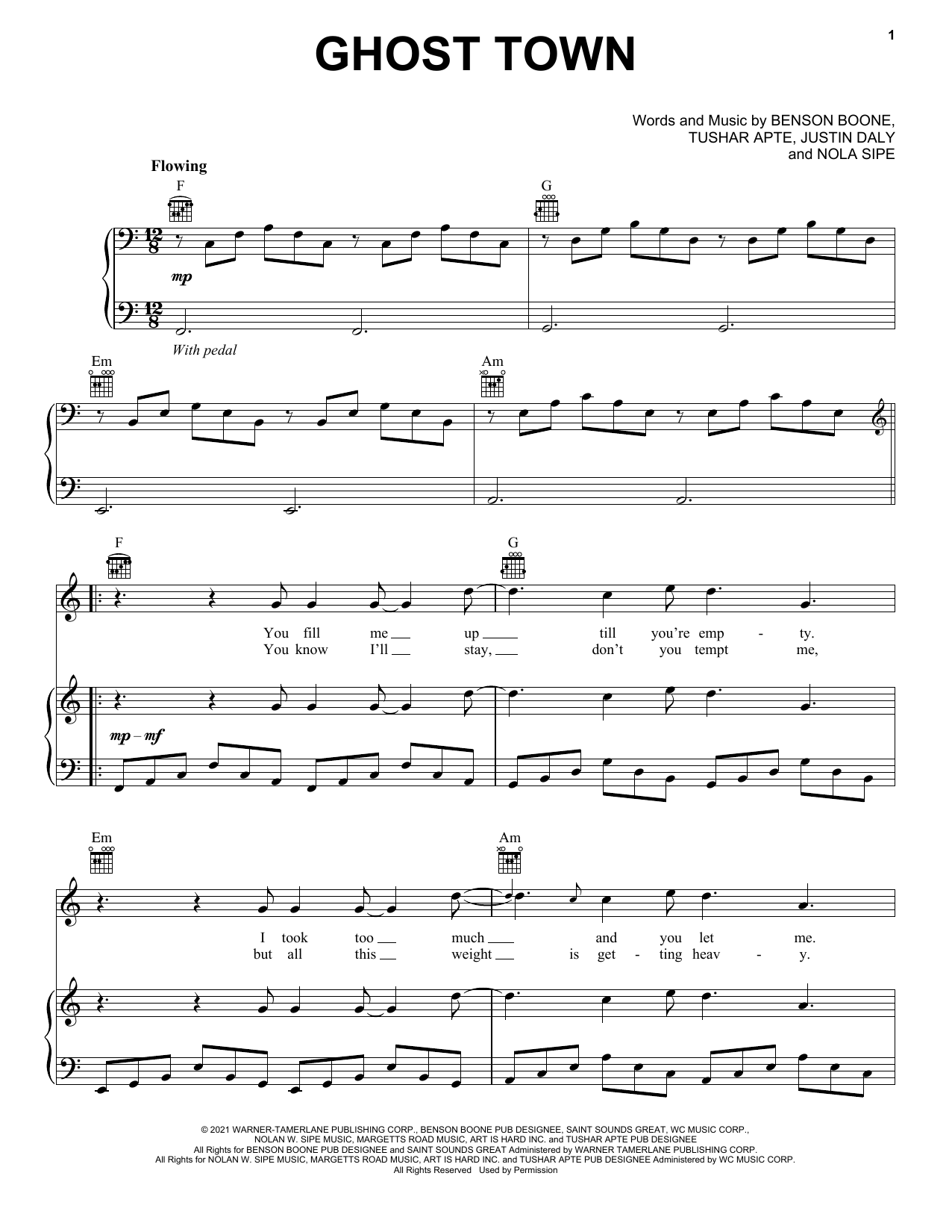 Benson Boone Ghost Town sheet music notes and chords arranged for Piano, Vocal & Guitar Chords (Right-Hand Melody)