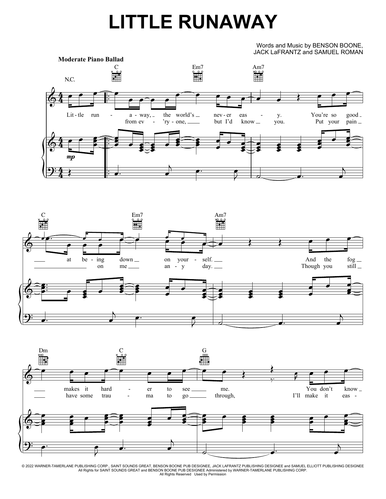 Benson Boone Little Runaway sheet music notes and chords. Download Printable PDF.