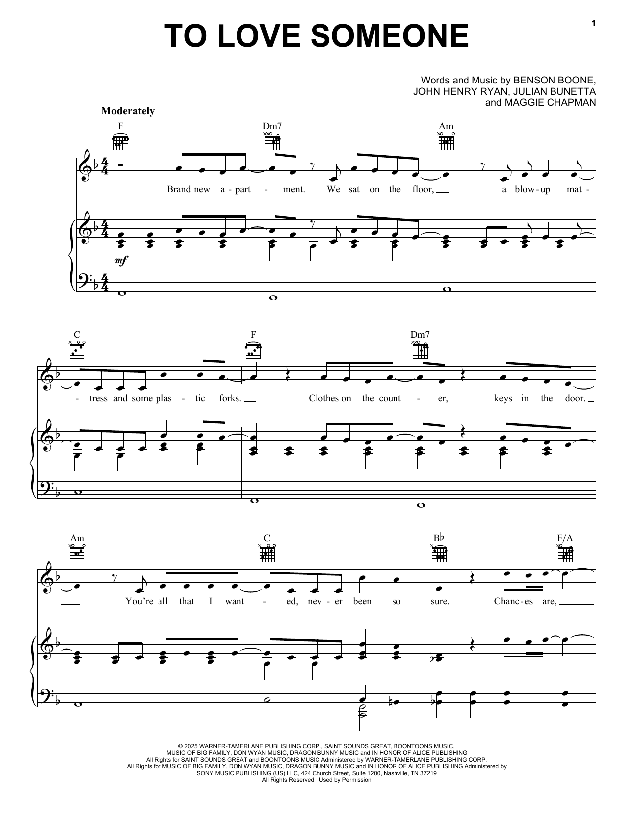 Benson Boone To Love Someone sheet music notes and chords arranged for Piano, Vocal & Guitar Chords (Right-Hand Melody)