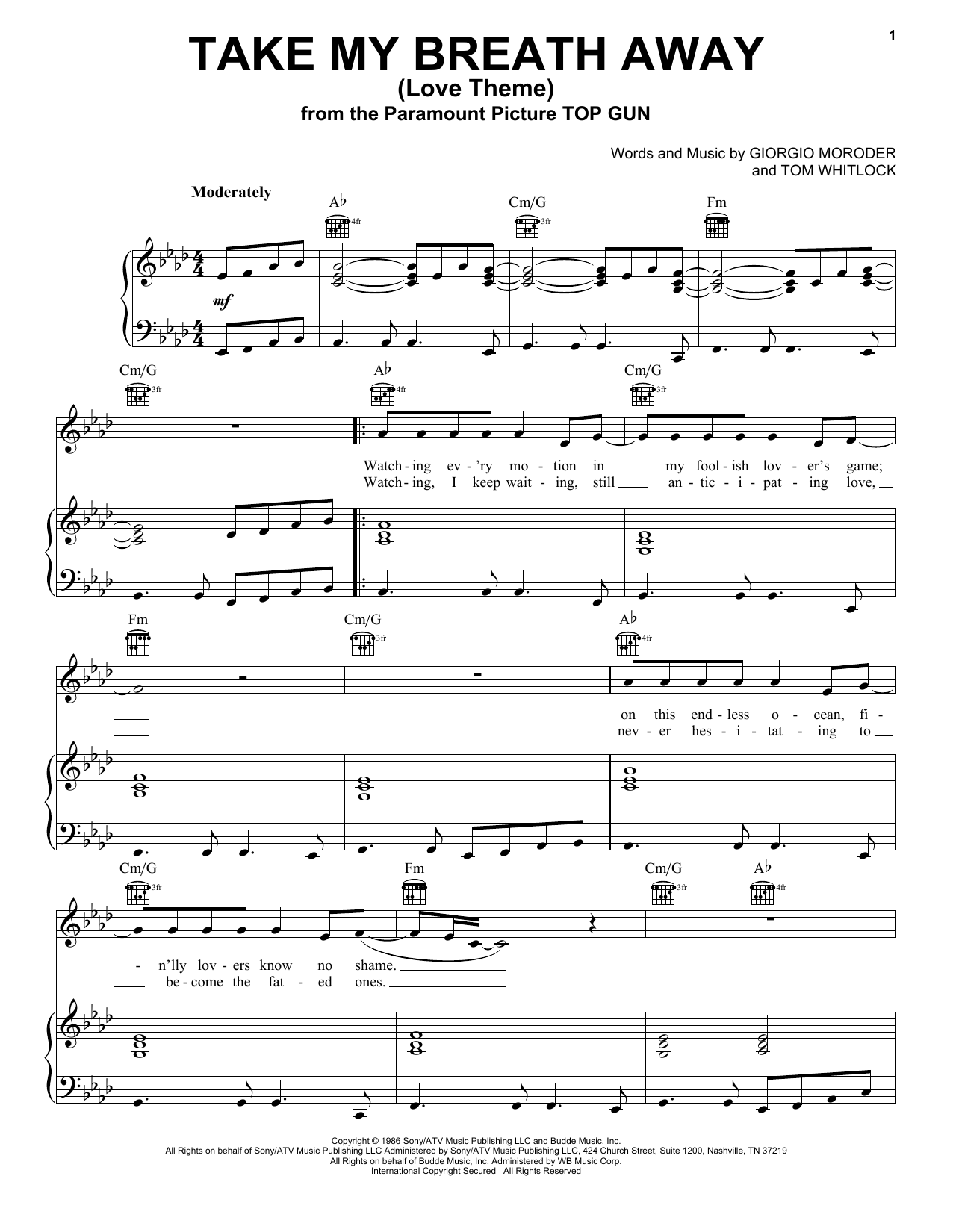 Berlin Take My Breath Away (Love Theme) (from Top Gun) sheet music notes and chords. Download Printable PDF.