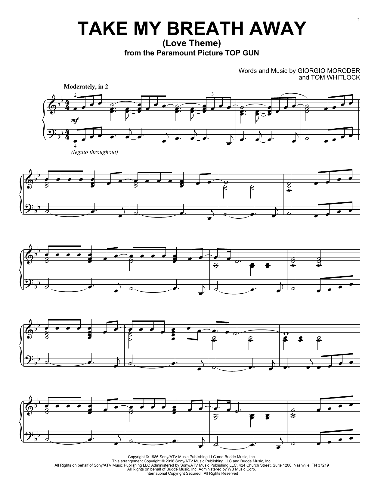 Berlin Take My Breath Away (Love Theme) sheet music notes and chords. Download Printable PDF.