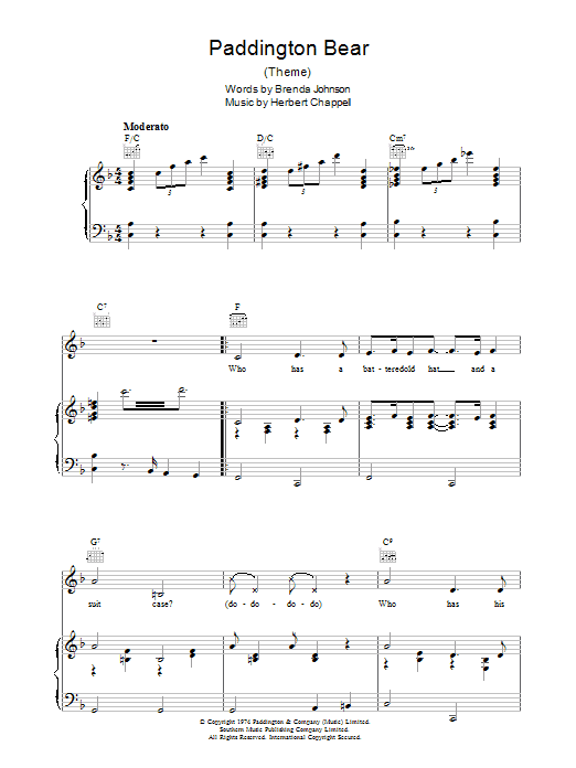 Bernard Cribbins Paddington Bear sheet music notes and chords arranged for Piano, Vocal & Guitar Chords