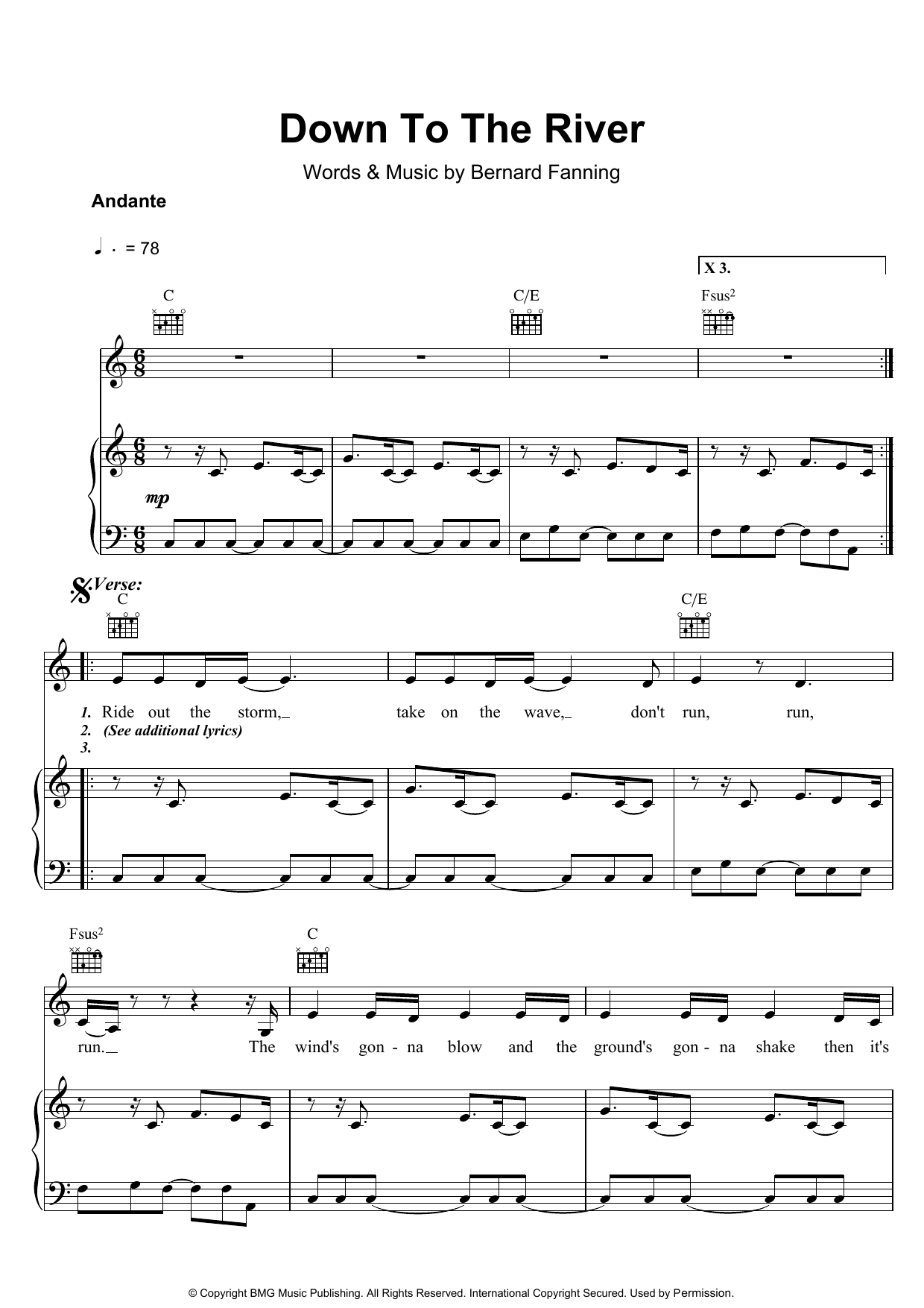 Learn to play Bernard Fanning Down To The River sheet music for Piano, Vocal & Guitar Chords in minutes. Price: 7.8900$ Bernard Fanning Down To The River sheet music notes and chords arranged for Piano, Vocal & Guitar Chords