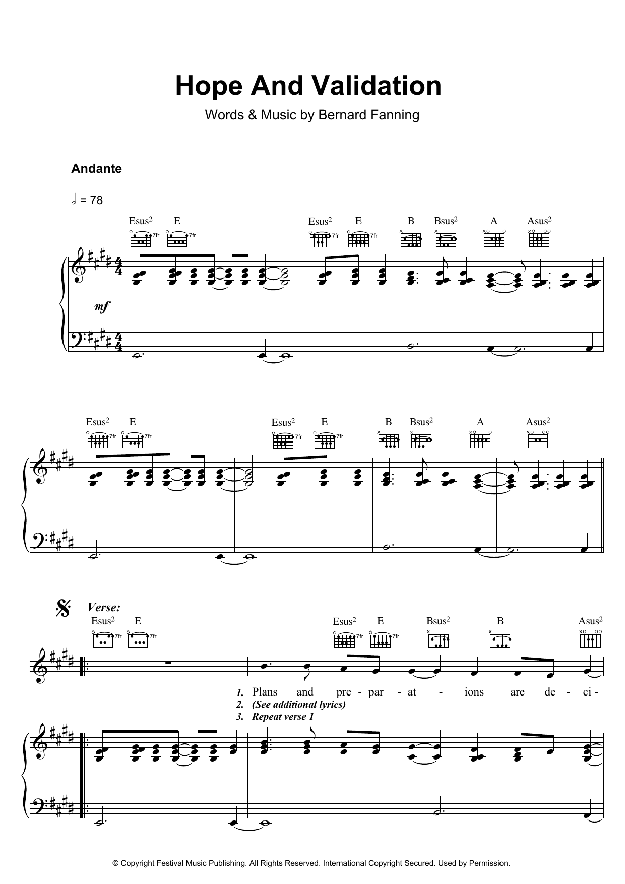 Learn to play Bernard Fanning Hope And Validation sheet music for Piano, Vocal & Guitar Chords in minutes. Price: 7.8900$ Bernard Fanning Hope And Validation sheet music notes and chords arranged for Piano, Vocal & Guitar Chords