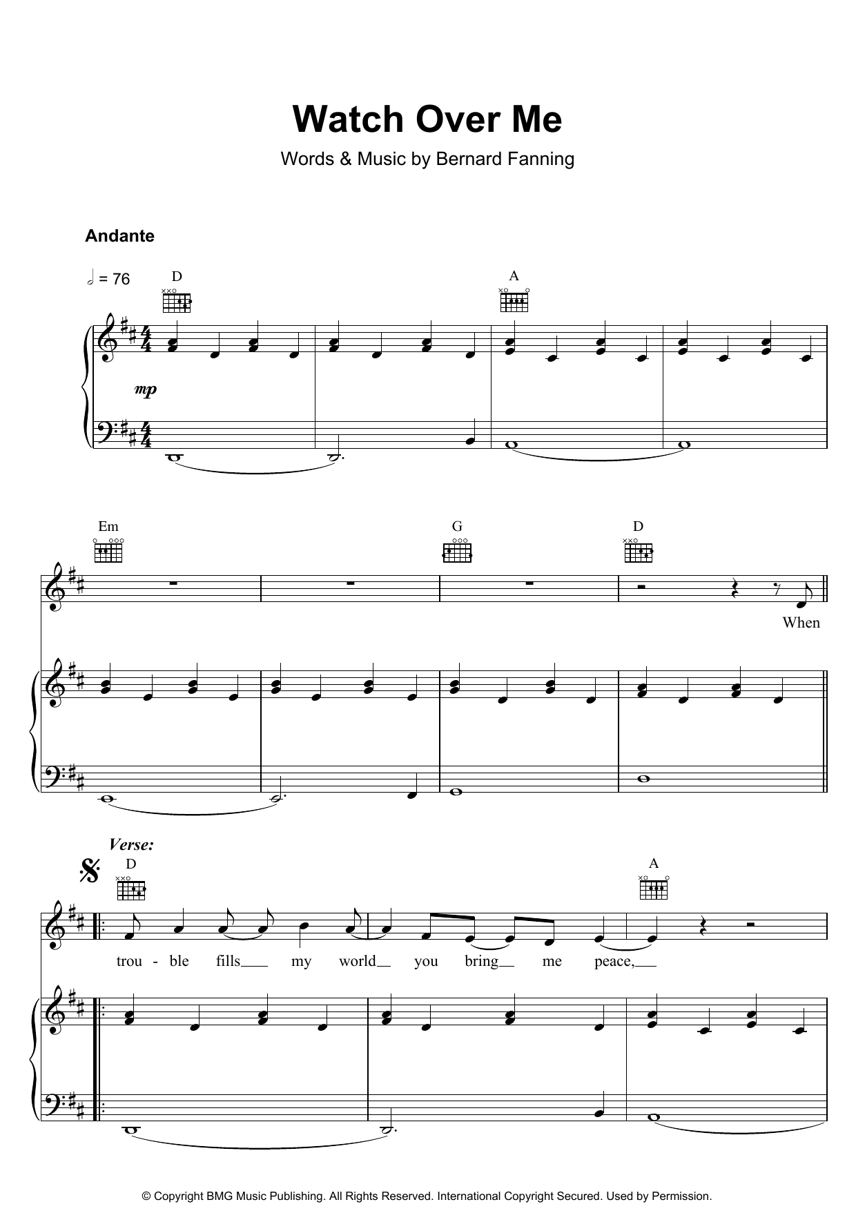 Learn to play Bernard Fanning Watch Over Me sheet music for Piano, Vocal & Guitar Chords in minutes. Price: 7.8900$ Bernard Fanning Watch Over Me sheet music notes and chords arranged for Piano, Vocal & Guitar Chords