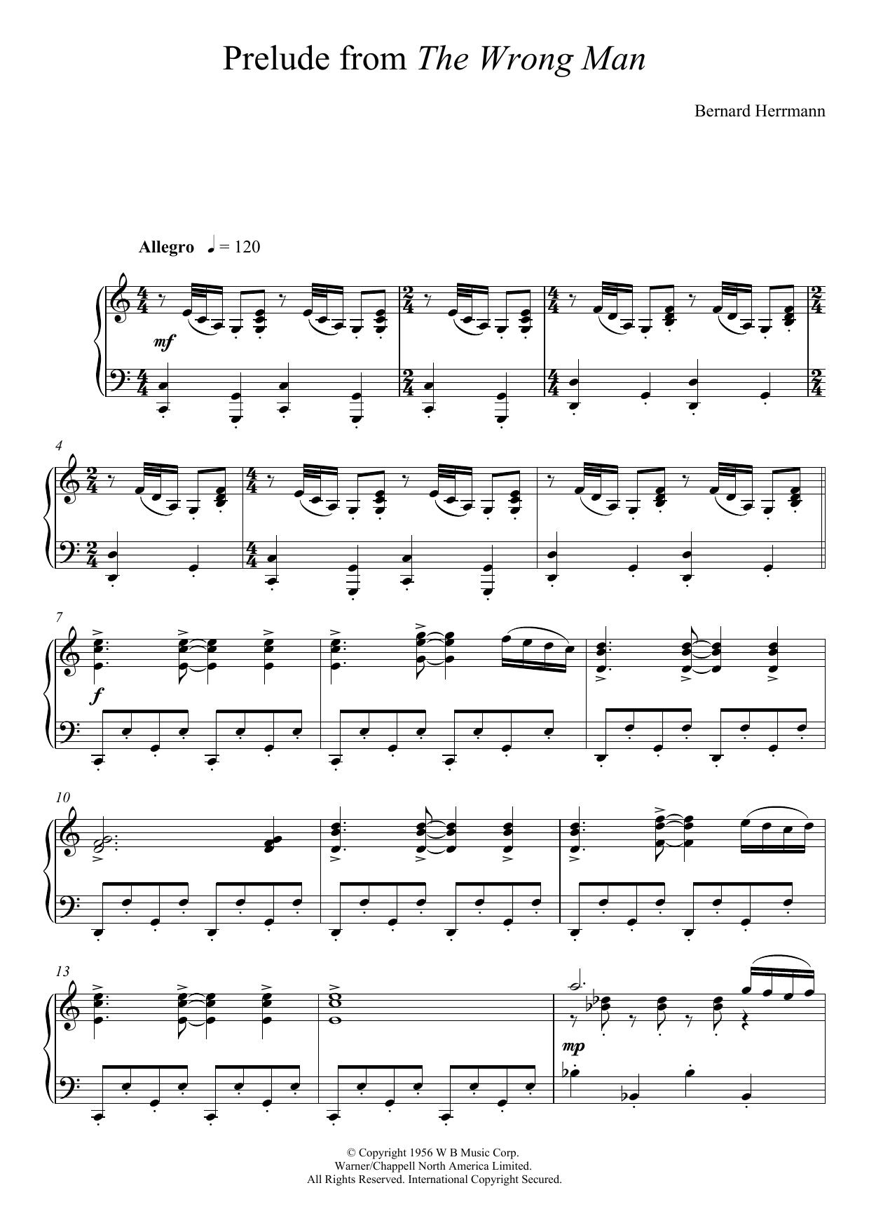 Learn to play Bernard Herrmann Prelude From The Wrong Man sheet music for Piano Solo in minutes. Price: 7.8900$ Bernard Herrmann Prelude From The Wrong Man sheet music notes and chords arranged for Piano Solo