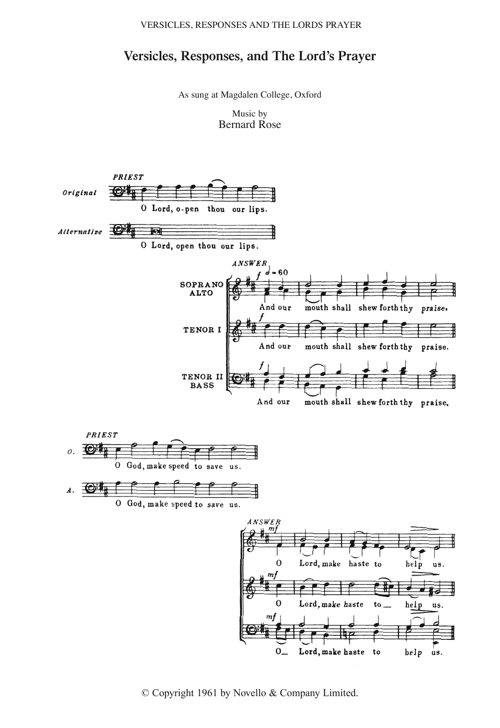 Bernard Rose Versicles, Responses And The Lord's Prayer sheet music notes and chords. Download Printable PDF.