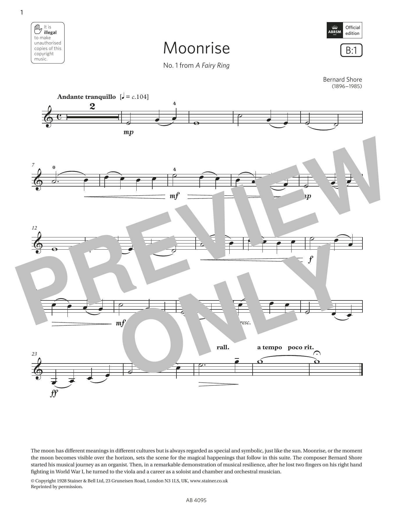 Bernard Shore Moonrise (Grade 1, B1, from the ABRSM Violin Syllabus from 2024) sheet music notes and chords. Download Printable PDF.