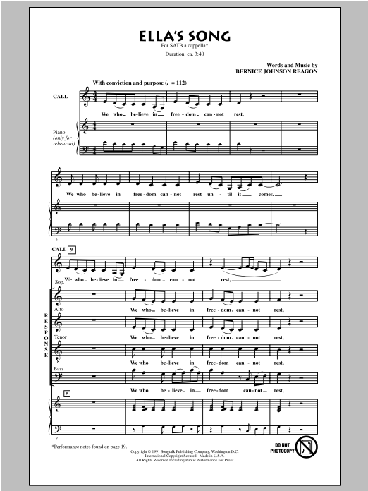 Bernice Johnson Reagon Ella's Song sheet music notes and chords arranged for SATB Choir