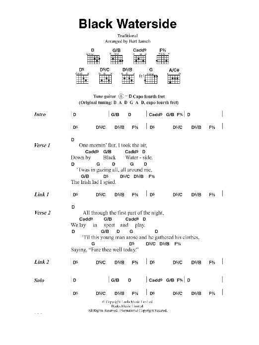 Bert Jansch Black Waterside sheet music notes and chords. Download Printable PDF.