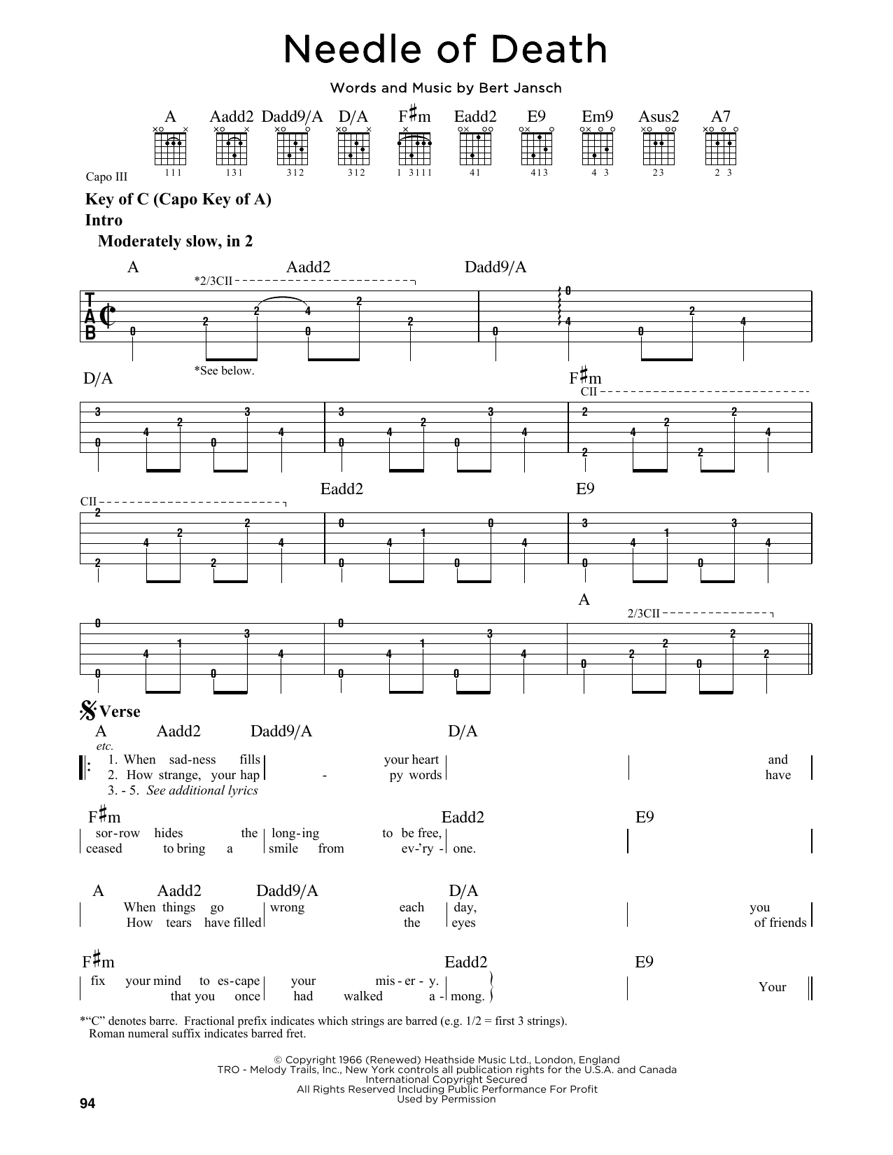 Bert Jansch Needle Of Death sheet music notes and chords. Download Printable PDF.