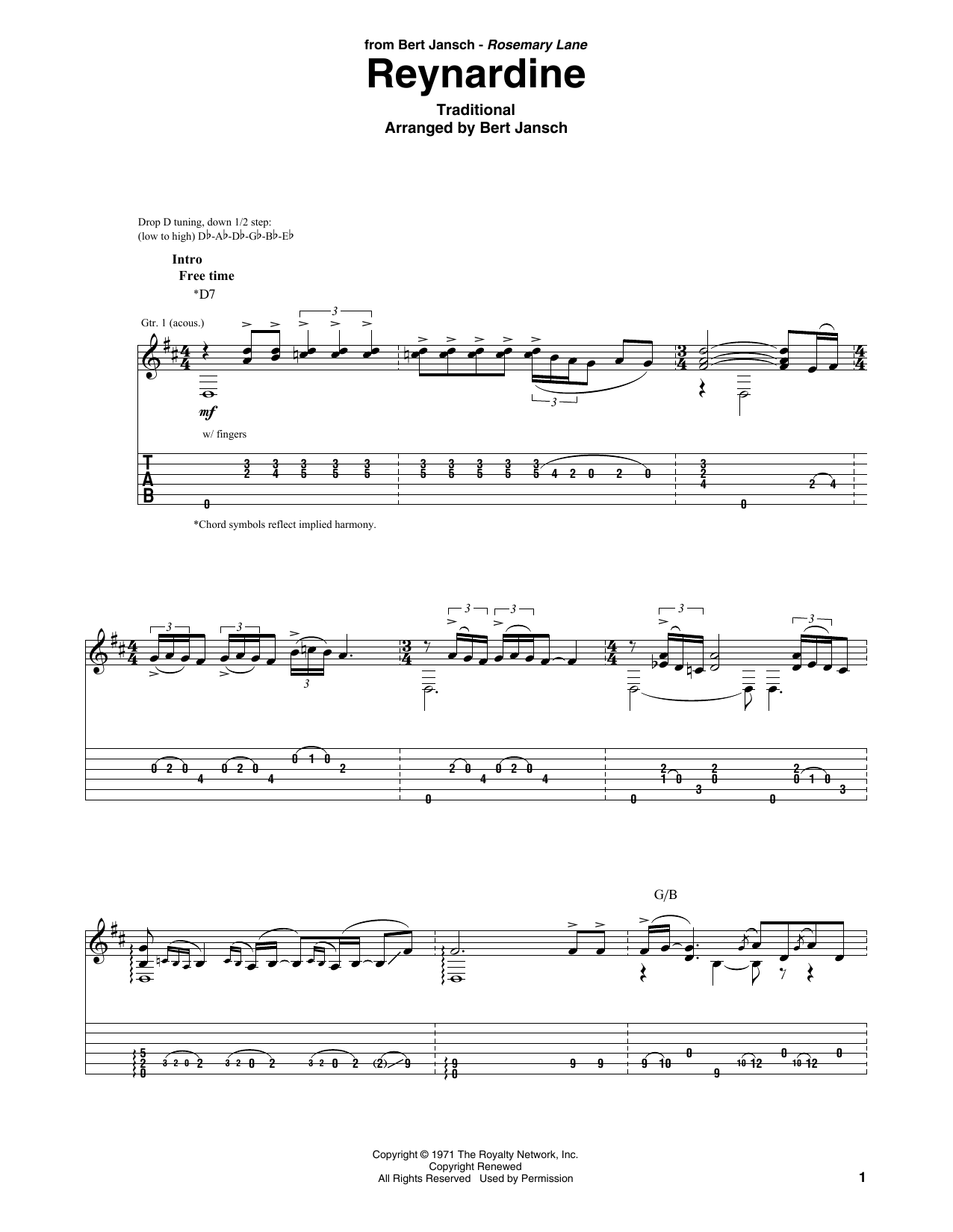 Bert Jansch Reynardine sheet music notes and chords. Download Printable PDF.