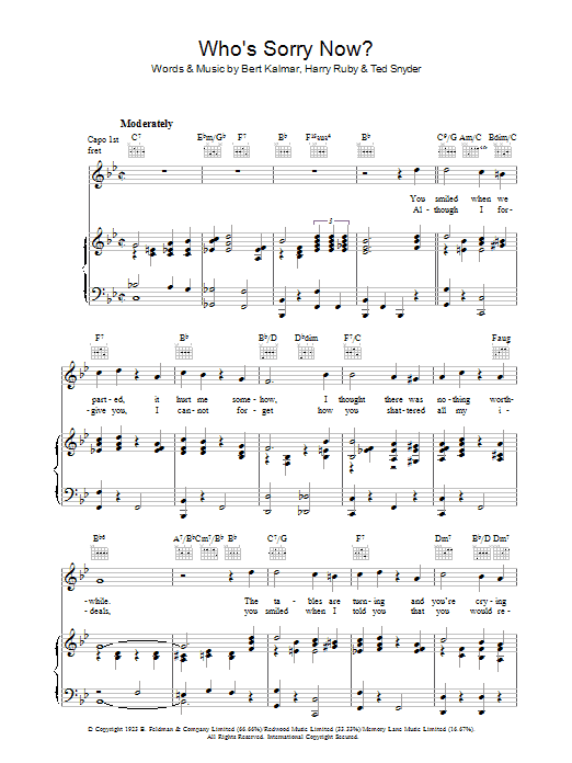 Learn to play Bert Kalmer Who's Sorry Now? sheet music for Piano, Vocal & Guitar Chords in minutes. Price: 7.8900$ Bert Kalmer Who's Sorry Now? sheet music notes and chords arranged for Piano, Vocal & Guitar Chords