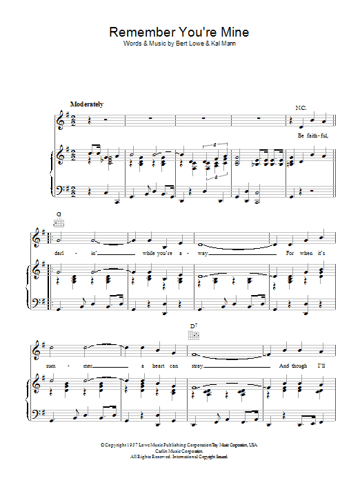Learn to play Bert Lowe Remember You're Mine sheet music for Piano, Vocal & Guitar Chords in minutes. Price: 7.8900$ Bert Lowe Remember You're Mine sheet music notes and chords arranged for Piano, Vocal & Guitar Chords