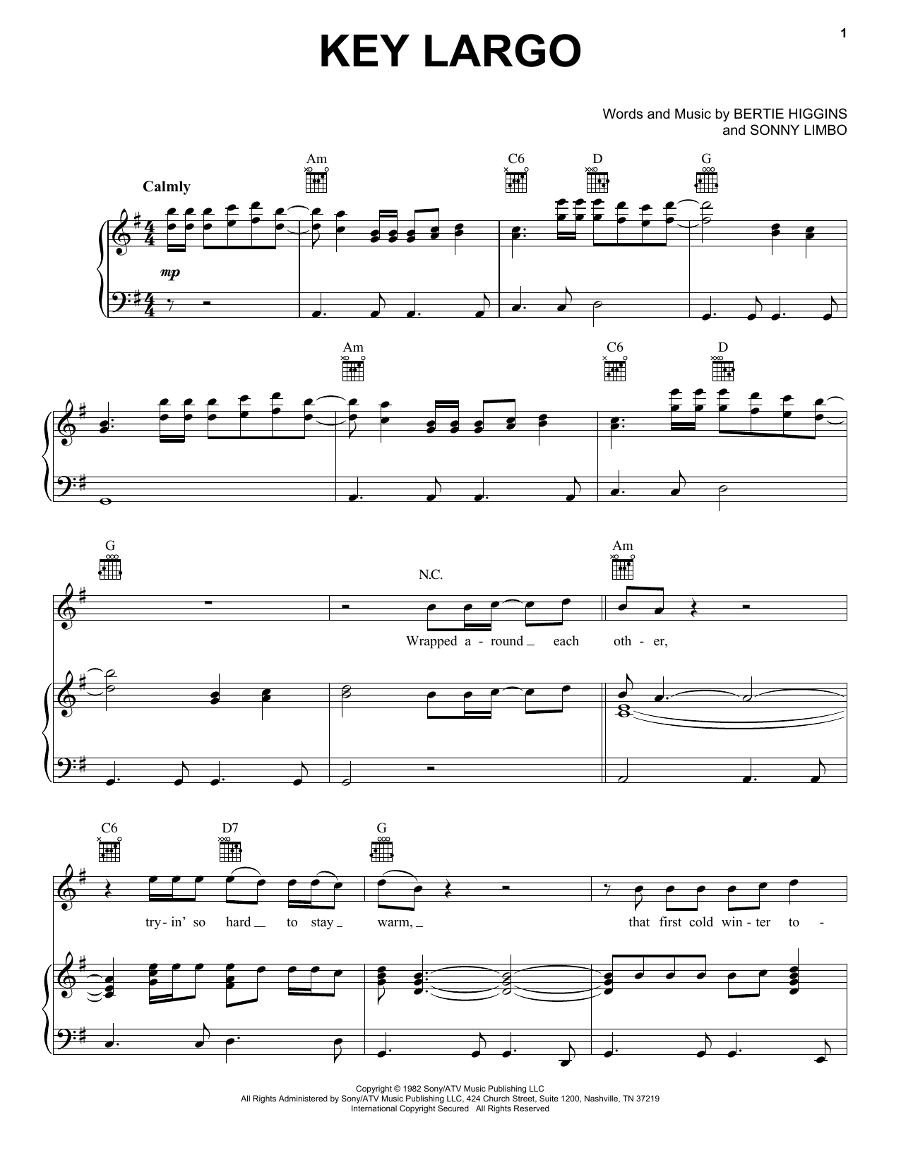 Learn to play Bertie Higgins Key Largo sheet music for Piano, Vocal & Guitar Chords (Right-Hand Melody) in minutes. Price: 7.8900$ Bertie Higgins Key Largo sheet music notes and chords arranged for Piano, Vocal & Guitar Chords (Right-Hand Melody)