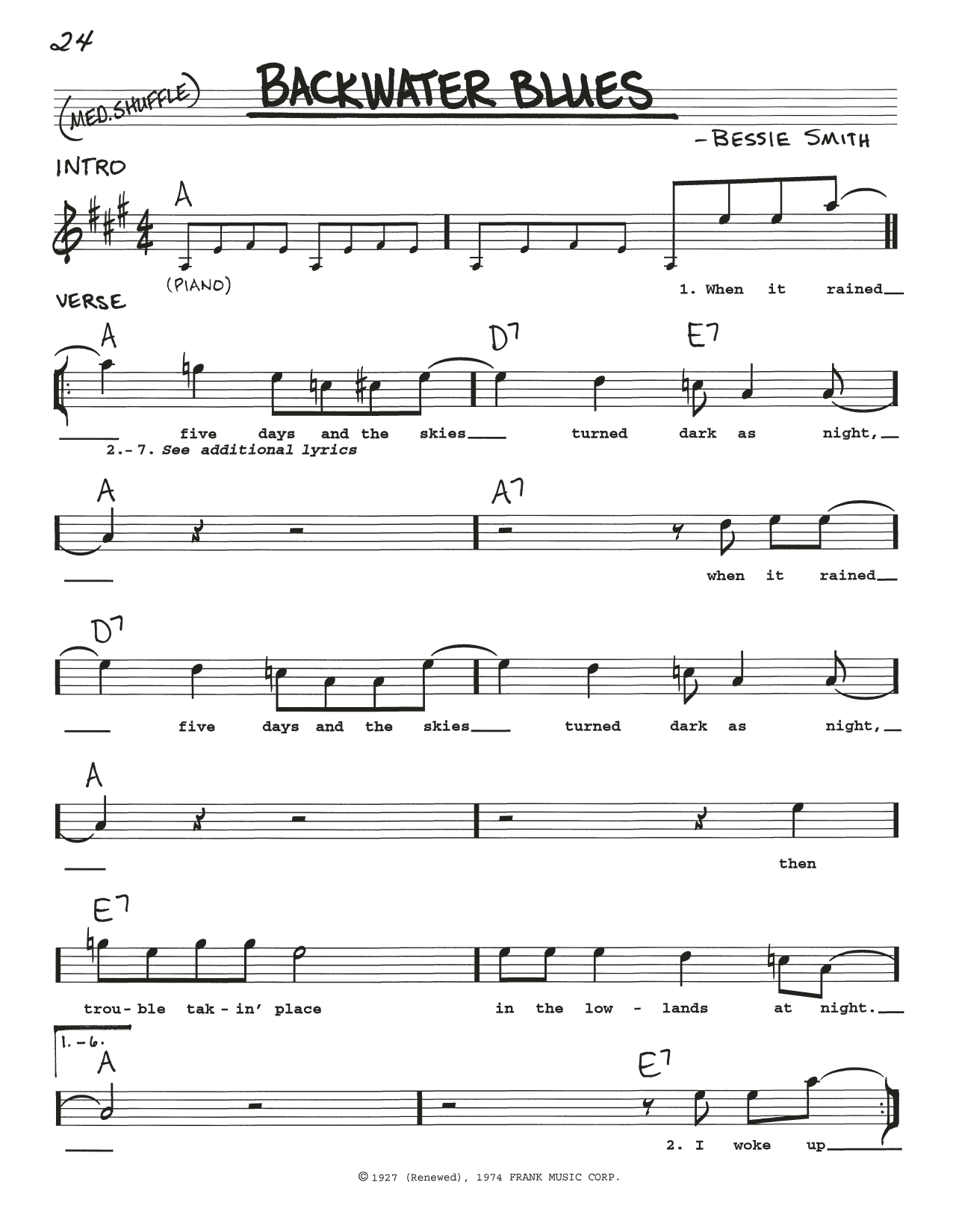 Bessie Smith Backwater Blues sheet music notes and chords. Download Printable PDF.