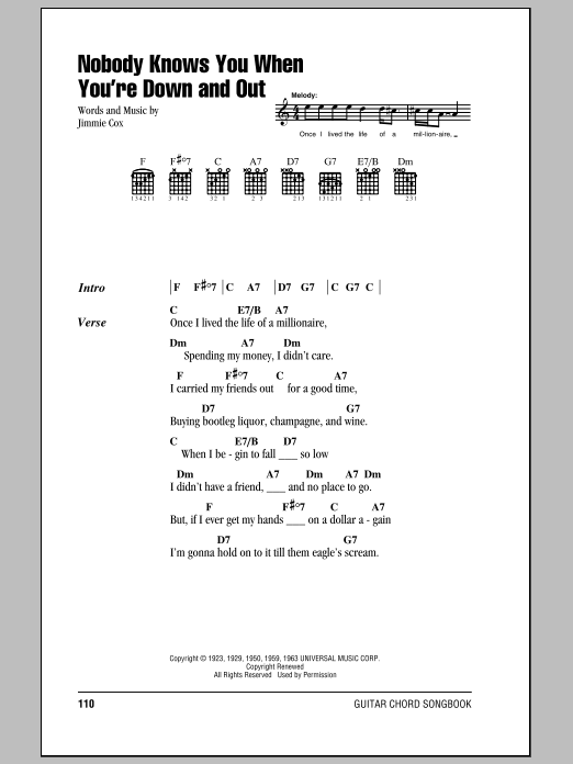 Bessie Smith Nobody Knows You When You're Down And Out sheet music notes and chords. Download Printable PDF.