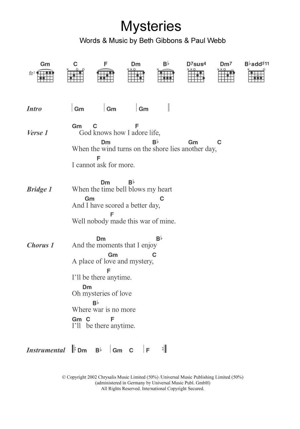 Beth Gibbons Mysteries sheet music notes and chords arranged for Guitar Chords/Lyrics