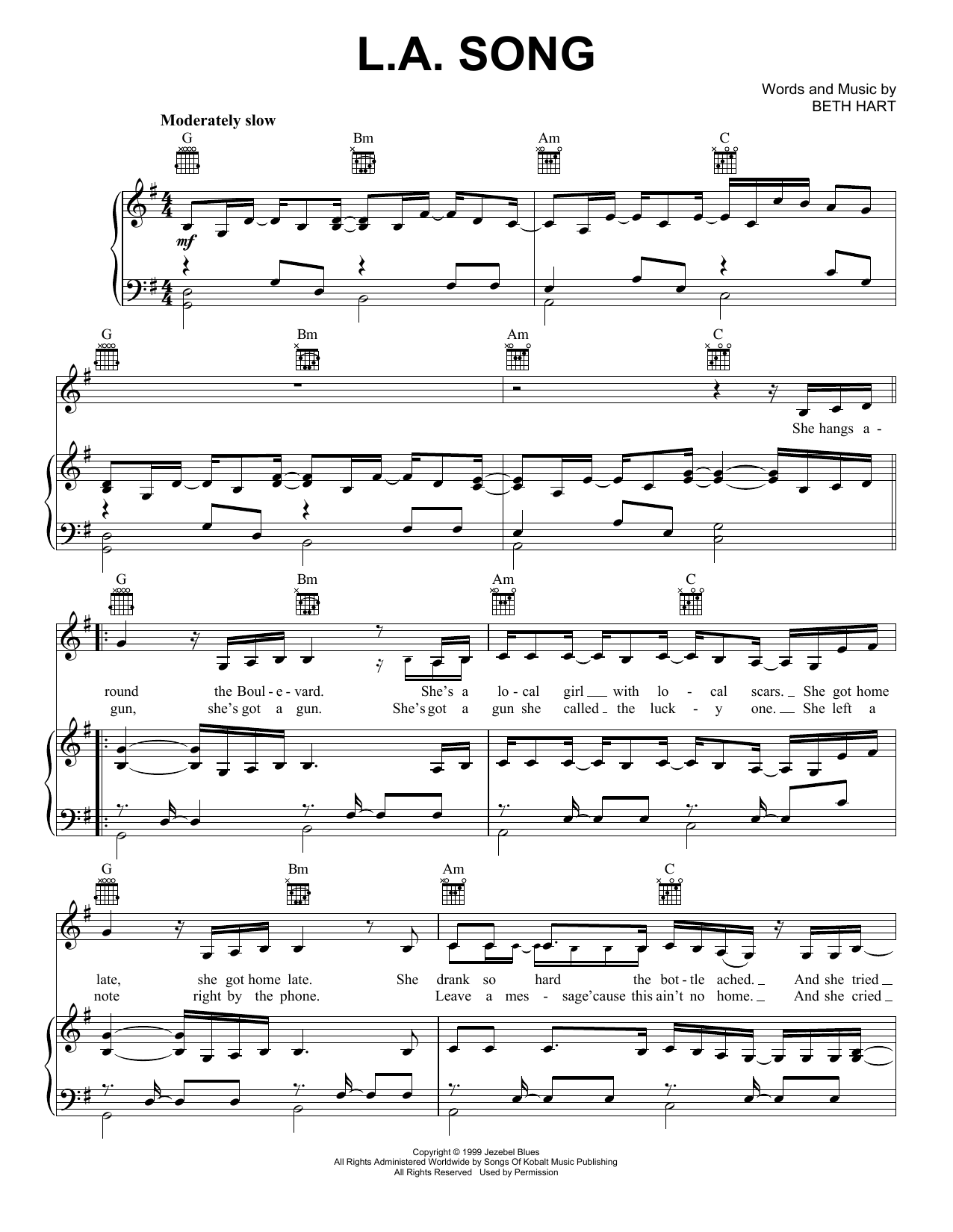 Learn to play Beth Hart L.A. Song sheet music for Piano, Vocal & Guitar Chords (Right-Hand Melody) in minutes. Price: 7.8900$ Beth Hart L.A. Song sheet music notes and chords arranged for Piano, Vocal & Guitar Chords (Right-Hand Melody)