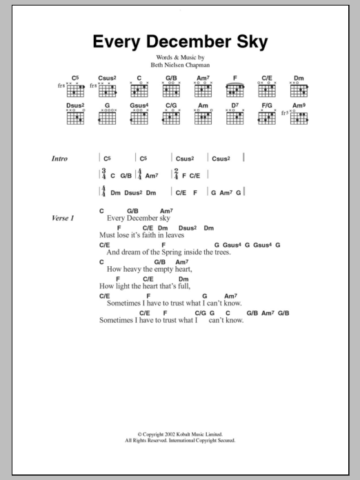 Beth Nielsen Chapman Every December Sky sheet music notes and chords arranged for Guitar Chords/Lyrics