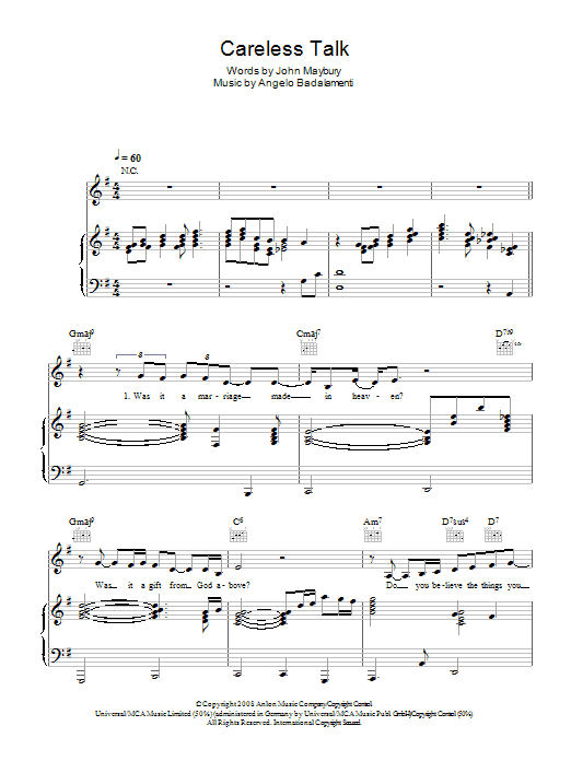 Learn to play Beth Rowley Careless Talk sheet music for Piano, Vocal & Guitar Chords in minutes. Price: 7.8900$ Beth Rowley Careless Talk sheet music notes and chords arranged for Piano, Vocal & Guitar Chords
