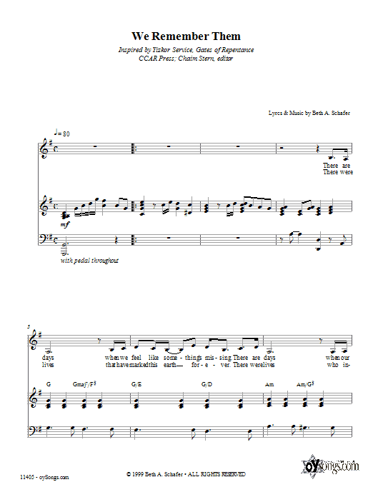 Learn to play Beth Schafer We Remember Them sheet music for Piano, Vocal & Guitar Chords (Right-Hand Melody) in minutes. Price: 6.9900$ Beth Schafer We Remember Them sheet music notes and chords arranged for Piano, Vocal & Guitar Chords (Right-Hand Melody)