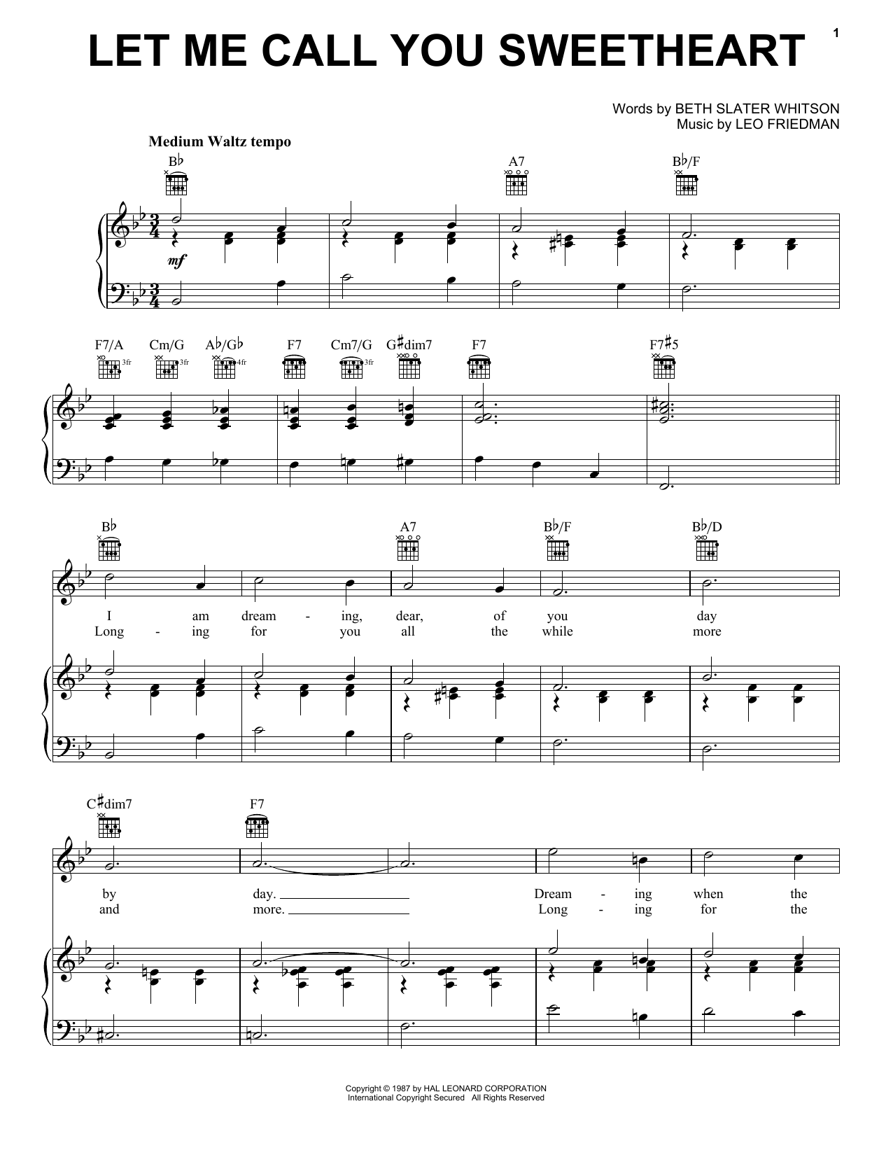 Leo Friedman Let Me Call You Sweetheart sheet music notes and chords. Download Printable PDF.