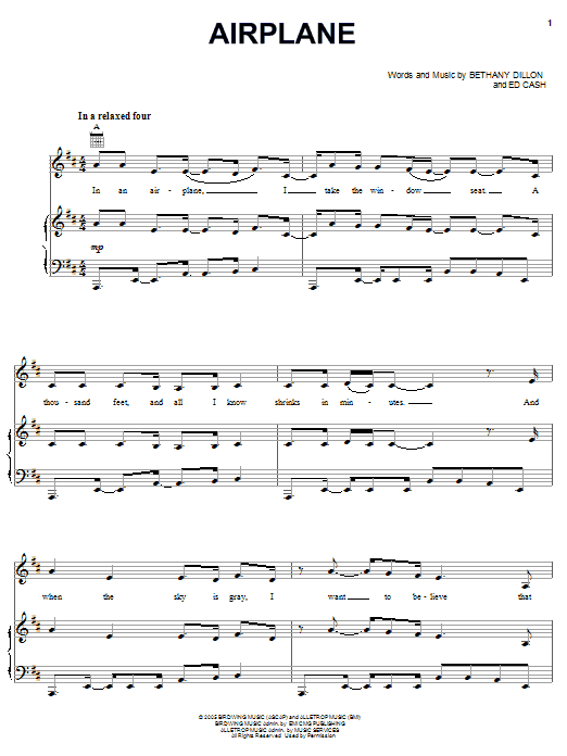 Learn to play Bethany Dillon Airplane sheet music for Piano, Vocal & Guitar Chords (Right-Hand Melody) in minutes. Price: 7.8900$ Bethany Dillon Airplane sheet music notes and chords arranged for Piano, Vocal & Guitar Chords (Right-Hand Melody)