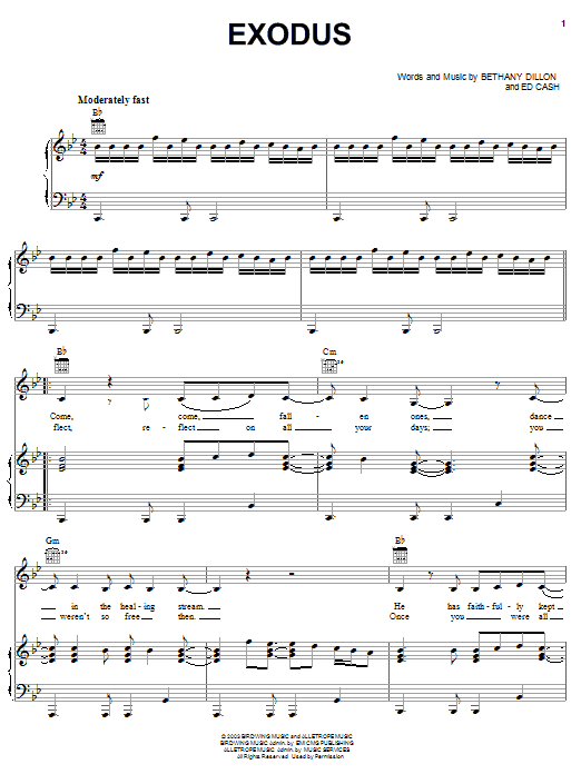 Learn to play Bethany Dillon Exodus sheet music for Piano, Vocal & Guitar Chords (Right-Hand Melody) in minutes. Price: 7.8900$ Bethany Dillon Exodus sheet music notes and chords arranged for Piano, Vocal & Guitar Chords (Right-Hand Melody)