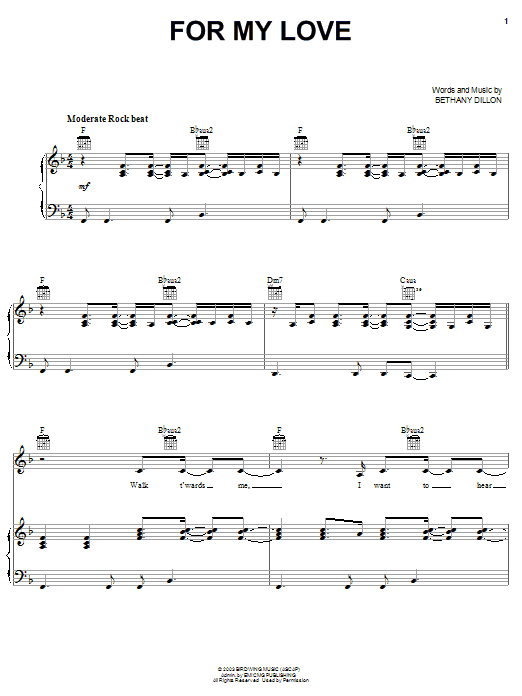 Learn to play Bethany Dillon For My Love sheet music for Piano, Vocal & Guitar Chords (Right-Hand Melody) in minutes. Price: 7.8900$ Bethany Dillon For My Love sheet music notes and chords arranged for Piano, Vocal & Guitar Chords (Right-Hand Melody)