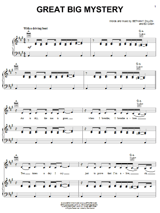 Learn to play Bethany Dillon Great Big Mystery sheet music for Piano, Vocal & Guitar Chords (Right-Hand Melody) in minutes. Price: 7.8900$ Bethany Dillon Great Big Mystery sheet music notes and chords arranged for Piano, Vocal & Guitar Chords (Right-Hand Melody)