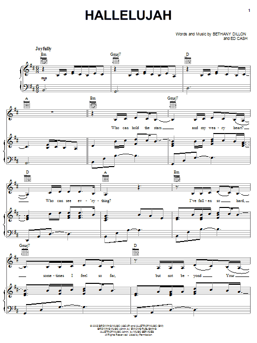 Learn to play Bethany Dillon Hallelujah sheet music for Piano, Vocal & Guitar Chords (Right-Hand Melody) in minutes. Price: 7.8900$ Bethany Dillon Hallelujah sheet music notes and chords arranged for Piano, Vocal & Guitar Chords (Right-Hand Melody)