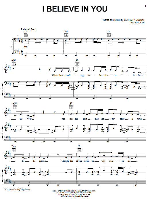 Learn to play Bethany Dillon I Believe In You sheet music for Piano, Vocal & Guitar Chords (Right-Hand Melody) in minutes. Price: 7.8900$ Bethany Dillon I Believe In You sheet music notes and chords arranged for Piano, Vocal & Guitar Chords (Right-Hand Melody)