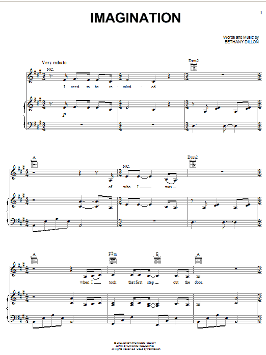 Learn to play Bethany Dillon Imagination sheet music for Piano, Vocal & Guitar Chords (Right-Hand Melody) in minutes. Price: 7.8900$ Bethany Dillon Imagination sheet music notes and chords arranged for Piano, Vocal & Guitar Chords (Right-Hand Melody)
