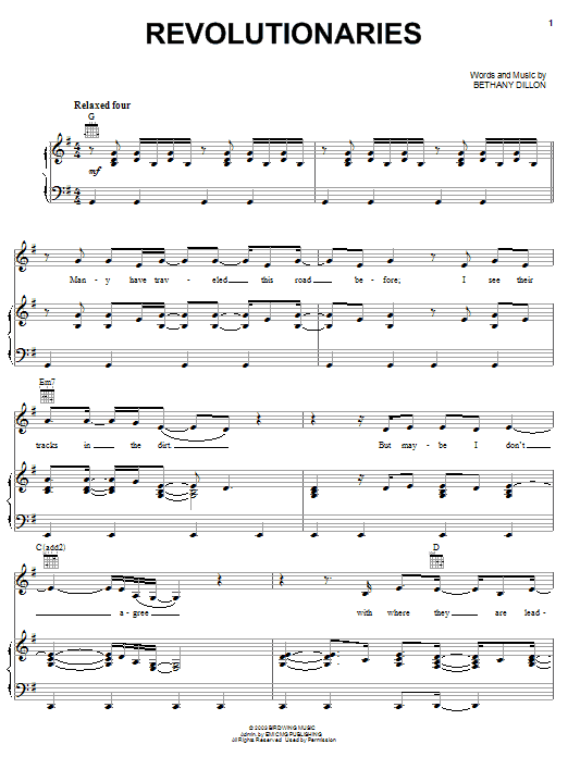 Learn to play Bethany Dillon Revolutionaries sheet music for Piano, Vocal & Guitar Chords (Right-Hand Melody) in minutes. Price: 7.8900$ Bethany Dillon Revolutionaries sheet music notes and chords arranged for Piano, Vocal & Guitar Chords (Right-Hand Melody)