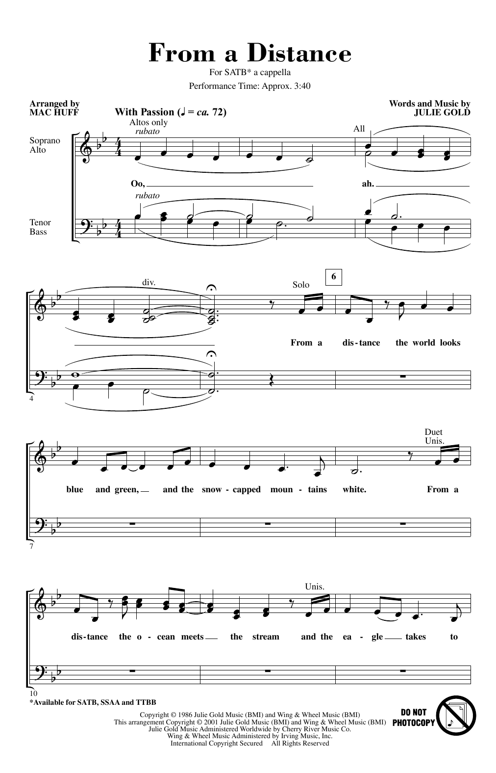 Learn to play Bette Midler From A Distance (arr. Mac Huff) sheet music for SATB Choir in minutes. Price: 3.9900$ Bette Midler From A Distance (arr. Mac Huff) sheet music notes and chords arranged for SATB Choir