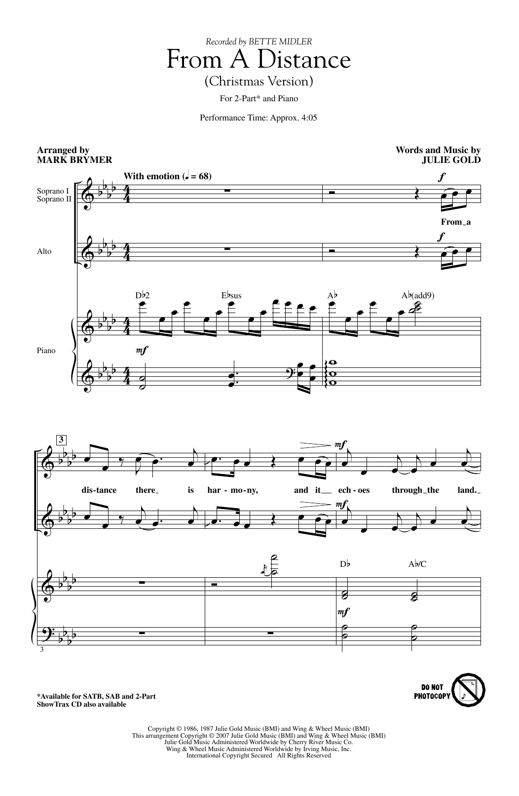 Bette Midler From A Distance (Christmas Version) (arr. Mark Brymer) sheet music notes and chords. Download Printable PDF.