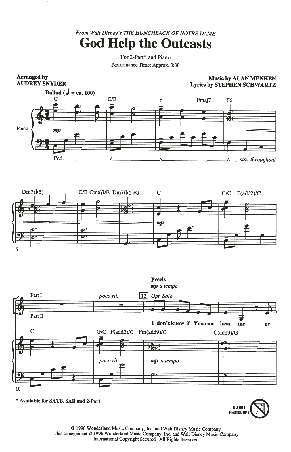 Bette Midler God Help The Outcasts (from The Hunchback Of Notre Dame) (arr. Audrey Snyder) sheet music notes and chords. Download Printable PDF.