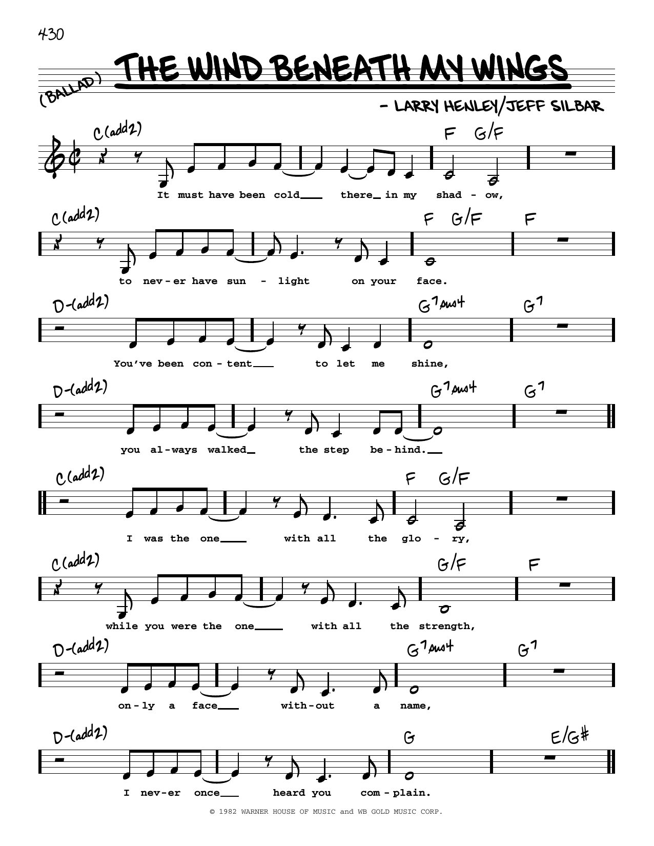 Bette Midler The Wind Beneath My Wings (Low Voice) sheet music notes and chords. Download Printable PDF.