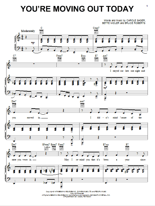 Learn to play Bette Midler You're Moving Out Today sheet music for Piano & Vocal in minutes. Price: 7.8900$ Bette Midler You're Moving Out Today sheet music notes and chords arranged for Piano & Vocal