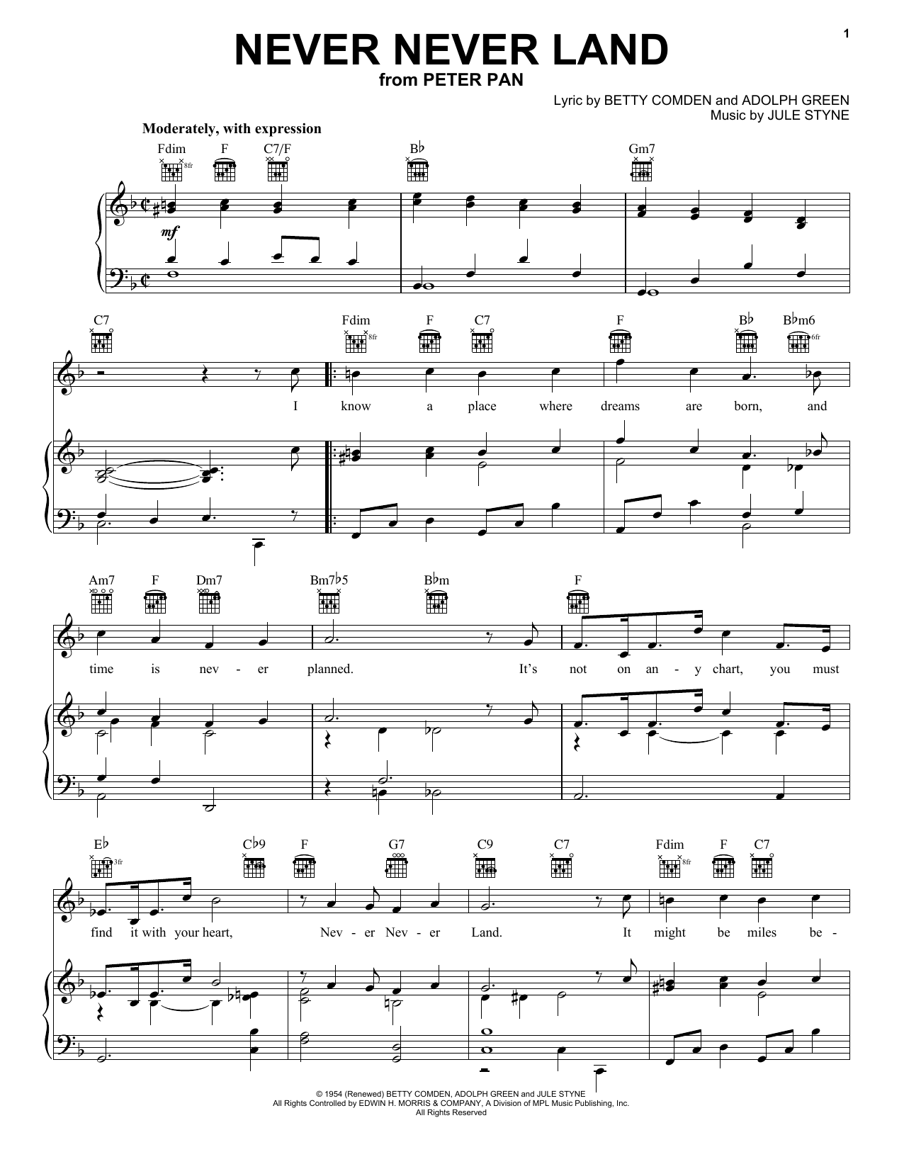 Betty Comden Never Never Land sheet music notes and chords. Download Printable PDF.